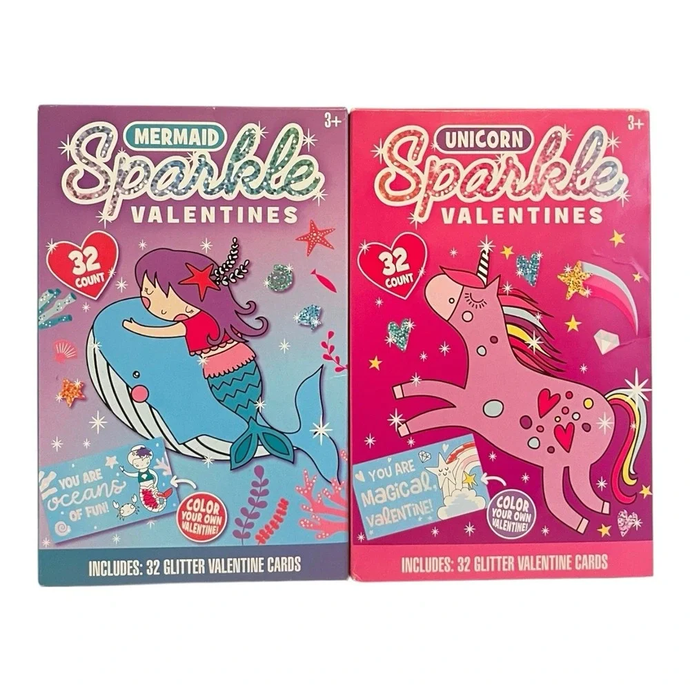 Lot of 2 Sparkle Glitter Valentine Cards Mermaid Unicorn Exchange Party 64 Cards